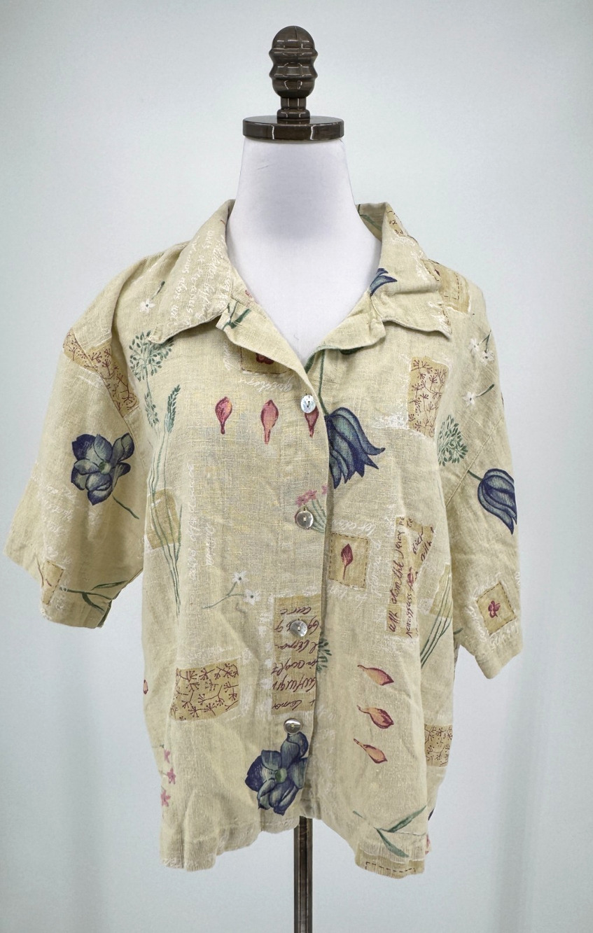 Vintage Sweet Jessie Tan Print Woven 100% Linen Button Up Top Sz L